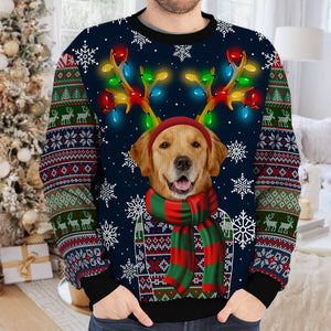 Custom Photo A Pet In Christmas Costume With Colorful Reindeer Antlers - Personalized Ugly Sweater - Christmas Gift For Pet Owners, Pet Lovers NH96