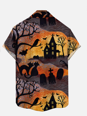 Retro Halloween Strange House Black Cat And Tombstone Hawaiian Shirt