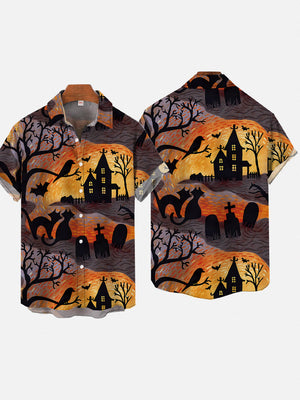 Retro Halloween Strange House Black Cat And Tombstone Hawaiian Shirt