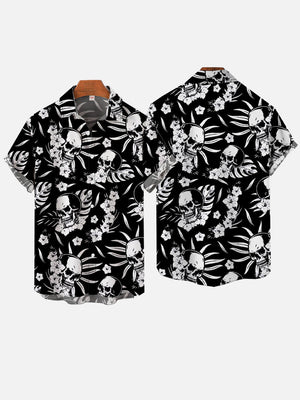 Leisure Vacation Hawaiian Black And White Leaf Skull Hawaiian Shirt