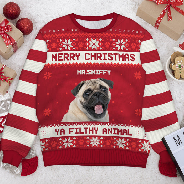 Custom Photo Merry Christmas Ya Filthy Animal - Personalized Ugly Sweater - Christmas Gift For Pet Owners, Pet Lovers - NH96