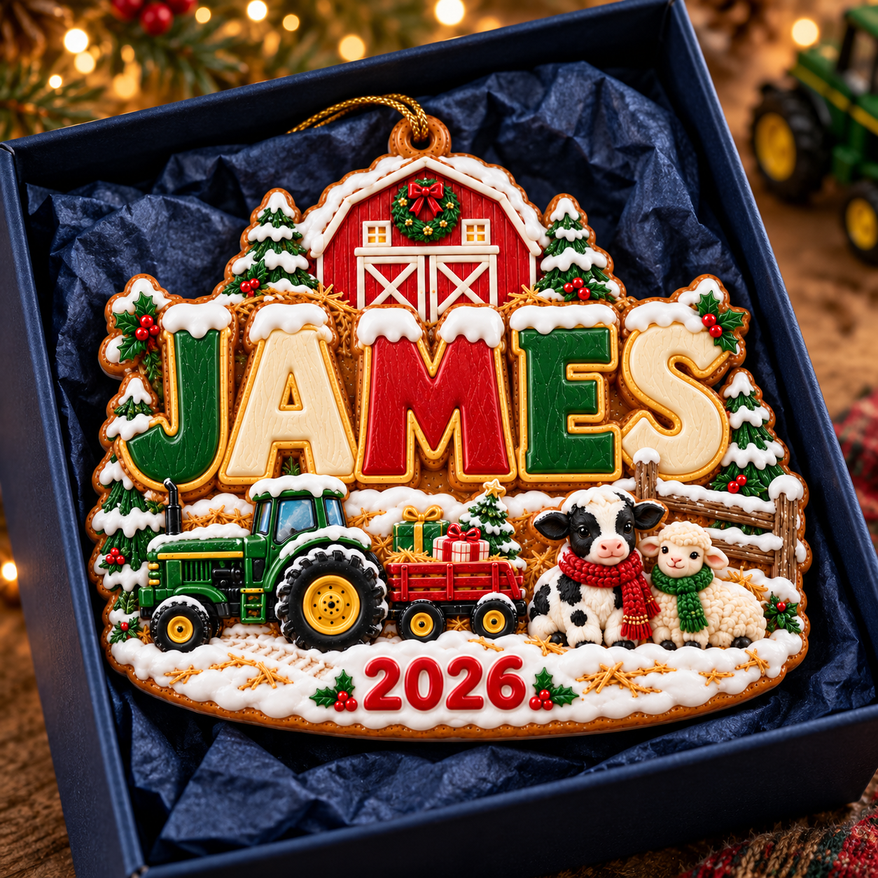 67c516fe af50 4ab6 b4be 6f4bef9be520 JAMES Personalized Christmas Farm Ornament 3