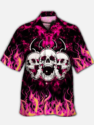 Psychedelic Hippie Pink Fire Flame With Skulls Hawaiian Shirt