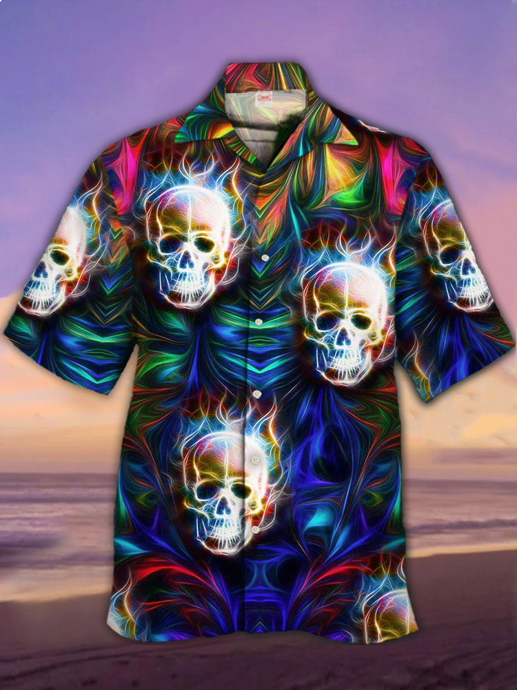 Psychedelic Hippie Rainbow Lightning Skull Hawaiian Shirt
