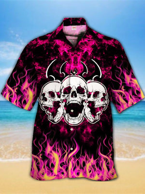 Psychedelic Hippie Pink Fire Flame With Skulls Hawaiian Shirt