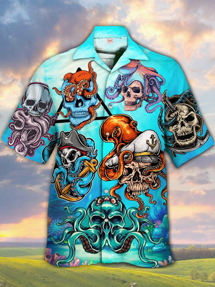 Bright Blue Mysterious Sea Pirate Skull And Octopus Hawaiian Shirt