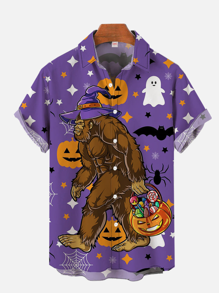 Witch Gorilla And Halloween Candies On Purple Hawaiian Shirt