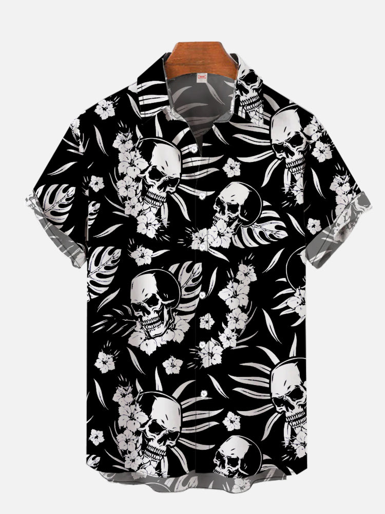 Leisure Vacation Hawaiian Black And White Leaf Skull Hawaiian Shirt