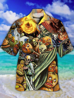 Scary Halloween Pumpkin Head And Skull Hawaiian Shirt