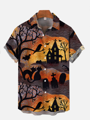 Retro Halloween Strange House Black Cat And Tombstone Hawaiian Shirt