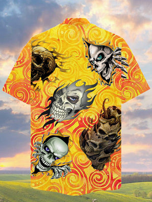 Stunning Style Vintage Skull And Fire Flaming Hawaiian Shirt