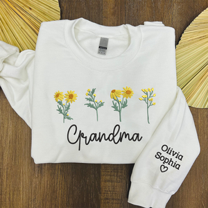 Custom Text Grandma Sunflower With Kids - Embroidered Hoodie, Sweatshirt, Tshirt - Gift for Grandma