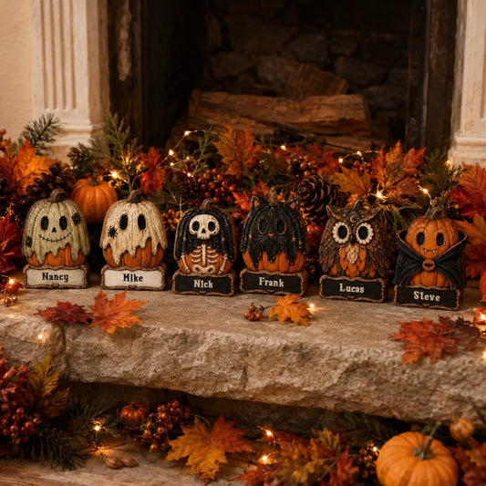 Horror Pumpkin Halloween Shelf Sitters, Custom Name Decor Gift For Family - Personalized Wooden Block Set