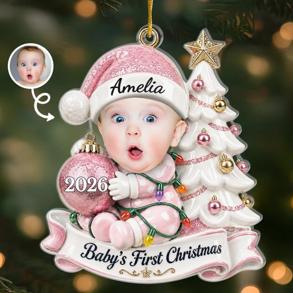 Custom Photo First Christmas Acrylic Ornament - Personalized Christmas Baby Shower, Gender Reveal Gifts For New Moms, New Dads, New Parents - Little Hands Big Love MH01