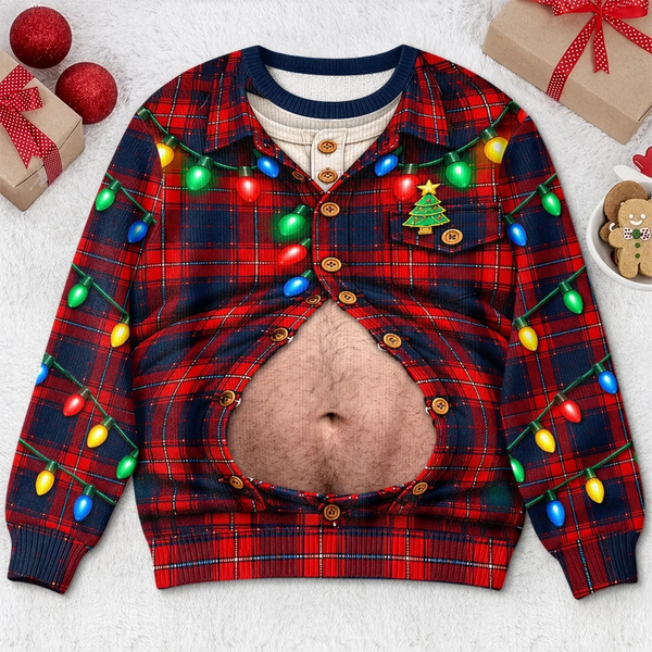 Funny 3D Open Belly Plaid Christmas Sweatshirt, Xmas Party Costume Gift For Him - Personalized Ugly Sweatshirt