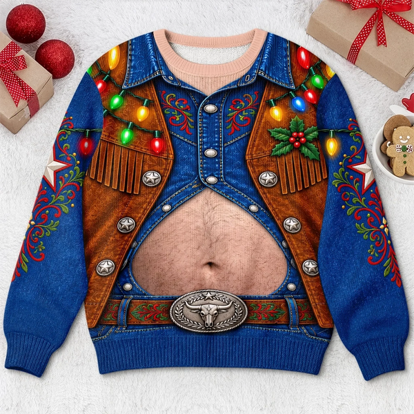 Funny 3D Cowboy Christmas Sweatshirt, Western Ugly Xmas Party Costume Gift For Him - Personalized Ugly Sweatshirt LA02