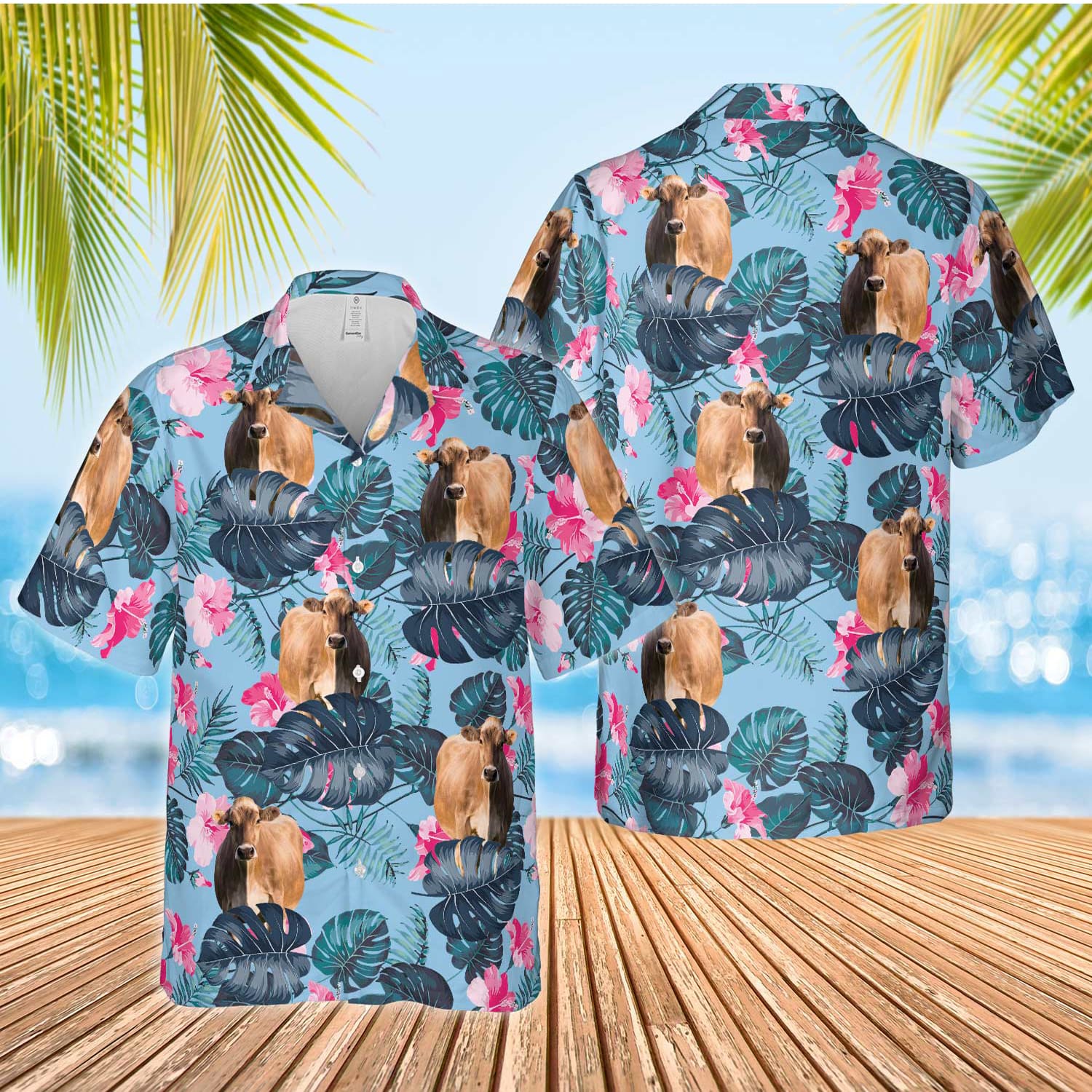 Unique Brown Swiss Blue Hibiscus Hawaiian Shirt