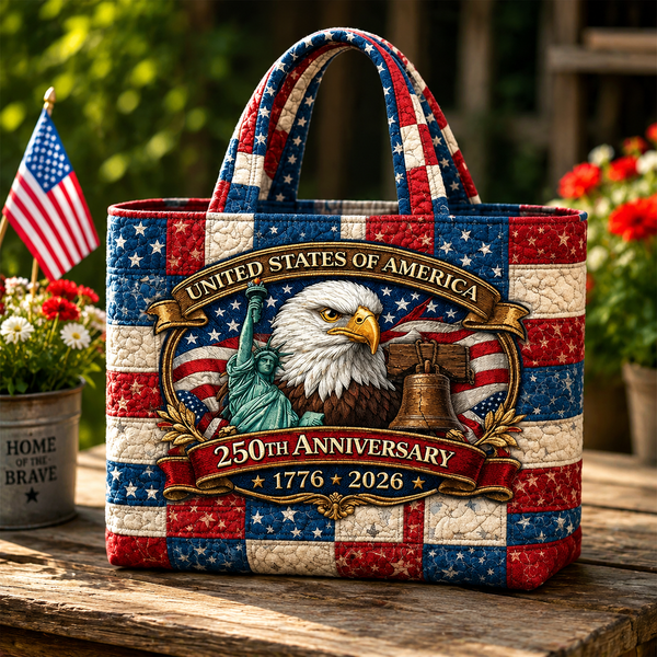 USA 250th Anniversary Patriotic Eagle Liberty Bell And Statue - Quilted Tote Bag - Gift For Patriots