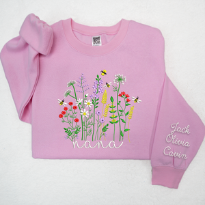 Custom Text Wildflower Nana With Grandkids - Embroidered Hoodie, Sweatshirt, Tshirt - Gift for Grandma