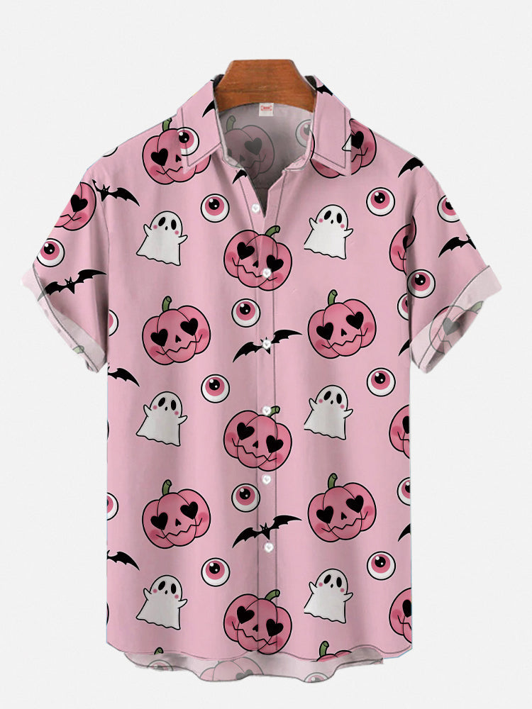 Pink Fashion Casual Halloween Pumpkin Skulls And Cartoon Ghosts Hawaiian Shirt