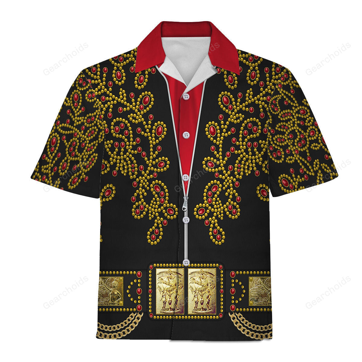 Elvis Spanish Flower Black With Red Stones - Costume Cosplay Hawaiian Shirt