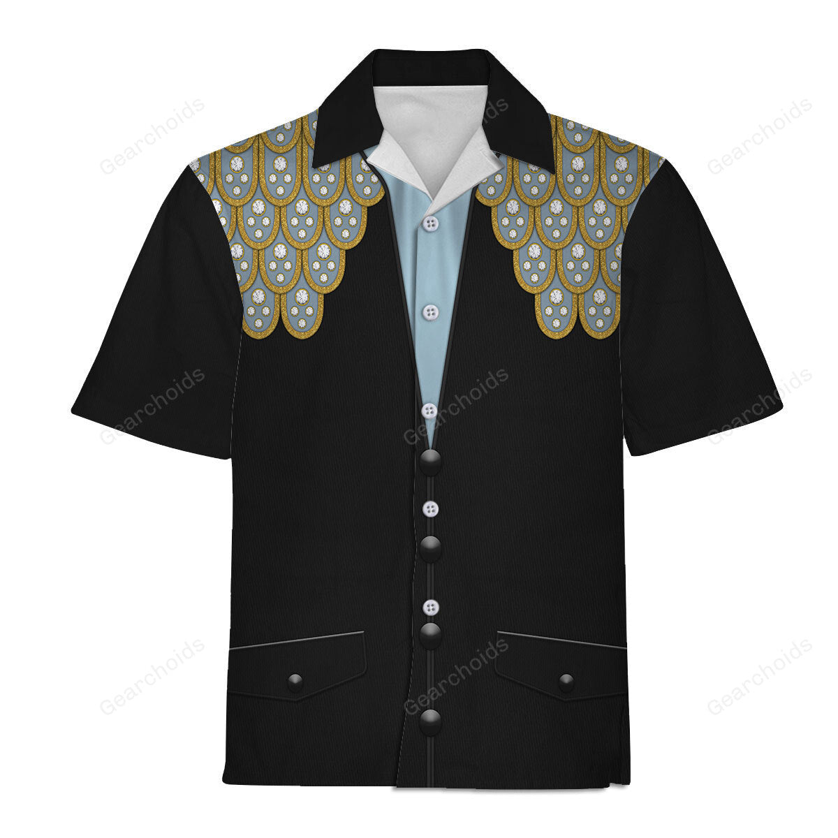 Elvis Armadillo Suit In Blue on Black - Costume Cosplay Hawaiian Shirt
