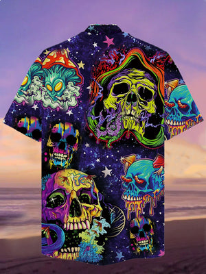 Psychedelic Hippie Neon Retro Doodle Art Sugar Skull Hawaiian Shirt