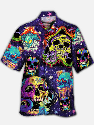 Psychedelic Hippie Neon Retro Doodle Art Sugar Skull Hawaiian Shirt