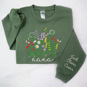 Custom Text Wildflower Nana With Grandkids - Embroidered Hoodie, Sweatshirt, Tshirt - Gift for Grandma