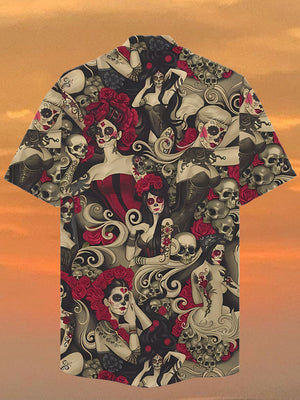 Vintage Day Of The Dead Pinups Sugar Skull Hawaiian Shirt