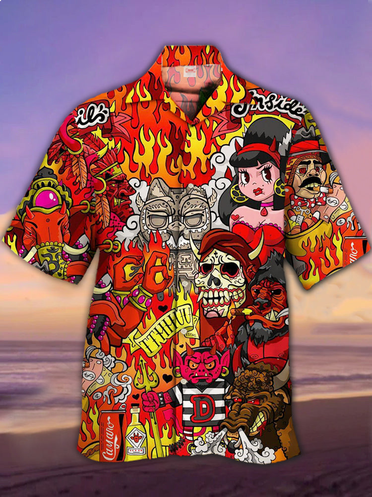 Retro Colorful Tattoo Of Beauty, Skull And Demon Hawaiian Shirt