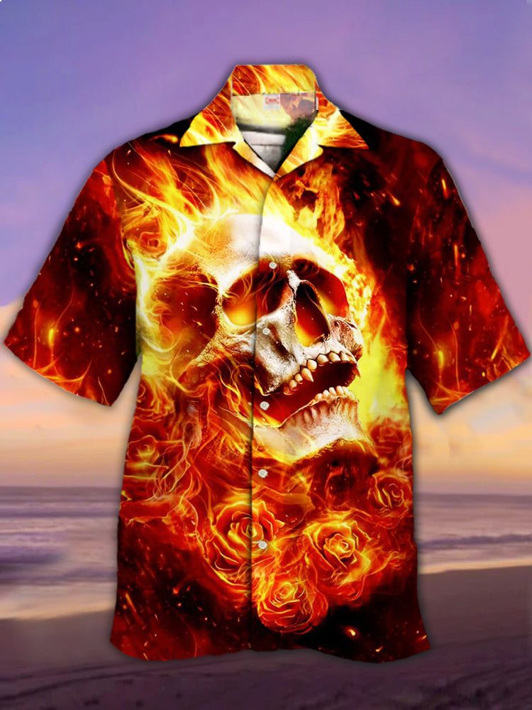 Amazing Style Skull In Fire Fire Rose Hawaiian Shirt