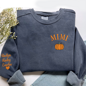 Custom Text Mimi Pumpkin With Grandkids - Embroidered Hoodie, Sweatshirt, Tshirt - Gift for Grandma