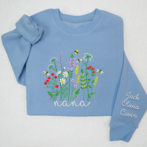 Custom Text Wildflower Nana With Grandkids - Embroidered Hoodie, Sweatshirt, Tshirt - Gift for Grandma