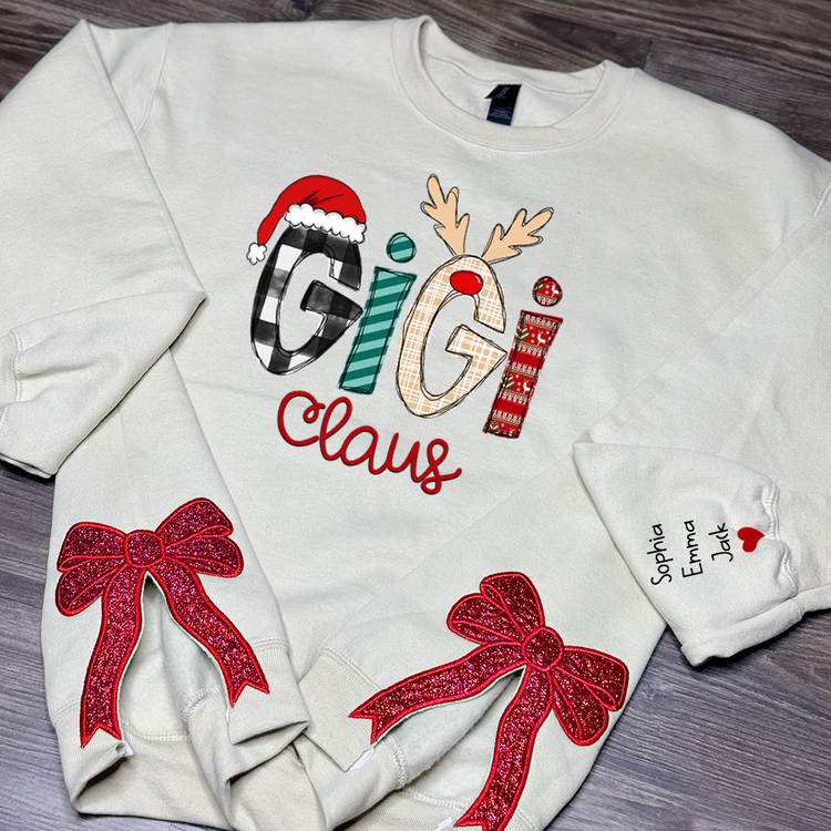 Custom Name Gigi Claus Mimi, Grandma Christmas Bow  - Custom Side Bow Cut-Out Embellished Sweatshirt Embroidered - Gift For Grandma, Mom - NH96