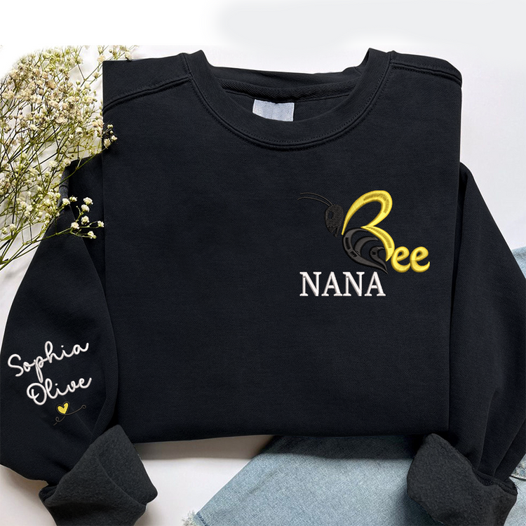 Custom Text Bee Nana And Grandkids - Embroidered Hoodie, Sweatshirt, Tshirt - Gift for Grandma