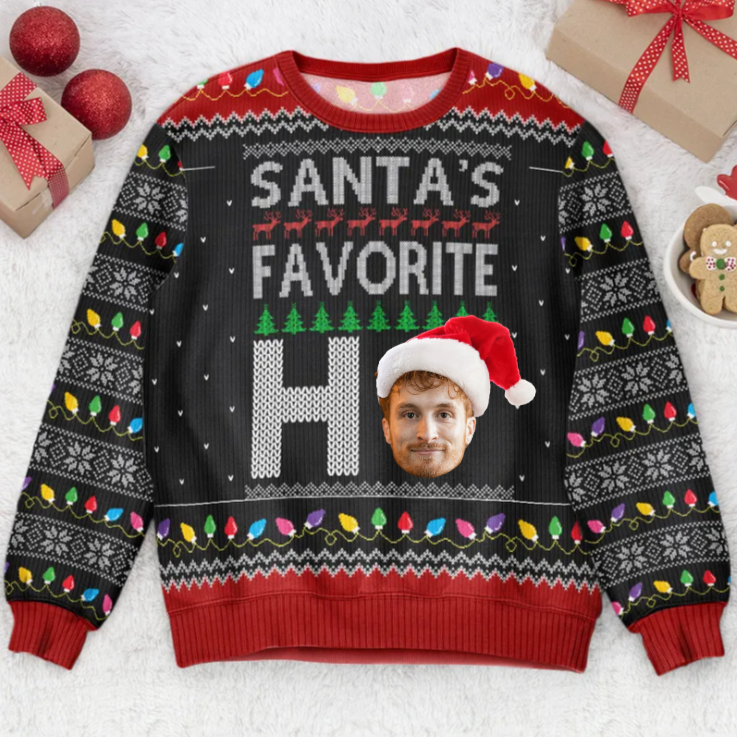 Custom Photo Santa's Favorite Ho - Christmas Gift For Family, Friends - Personalized Ugly Sweater