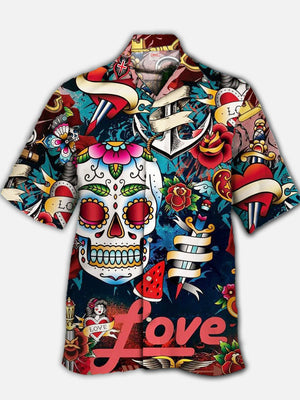 Colorful Tattoos Flowers Of The Dead Skulls And Roses Hawaiian Shirt
