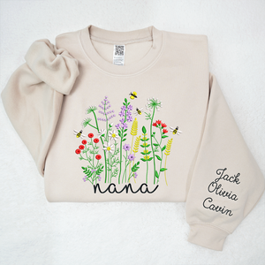 Custom Text Wildflower Nana With Grandkids - Embroidered Hoodie, Sweatshirt, Tshirt - Gift for Grandma