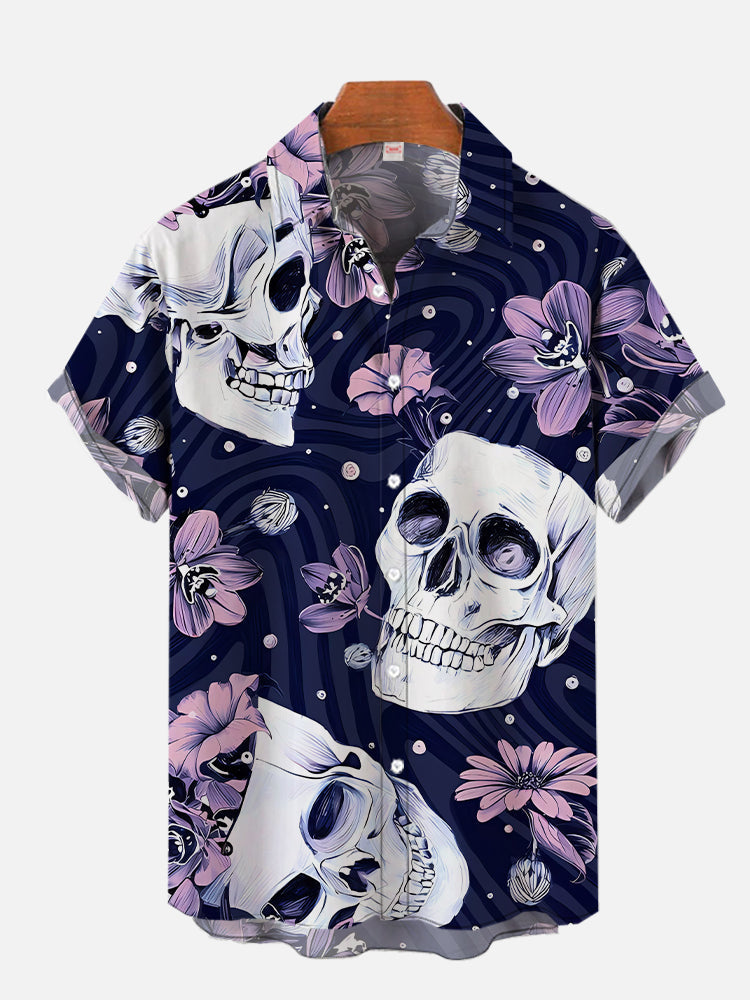 Purple Fantasy Skull With Flowers Hawaiian Shirt