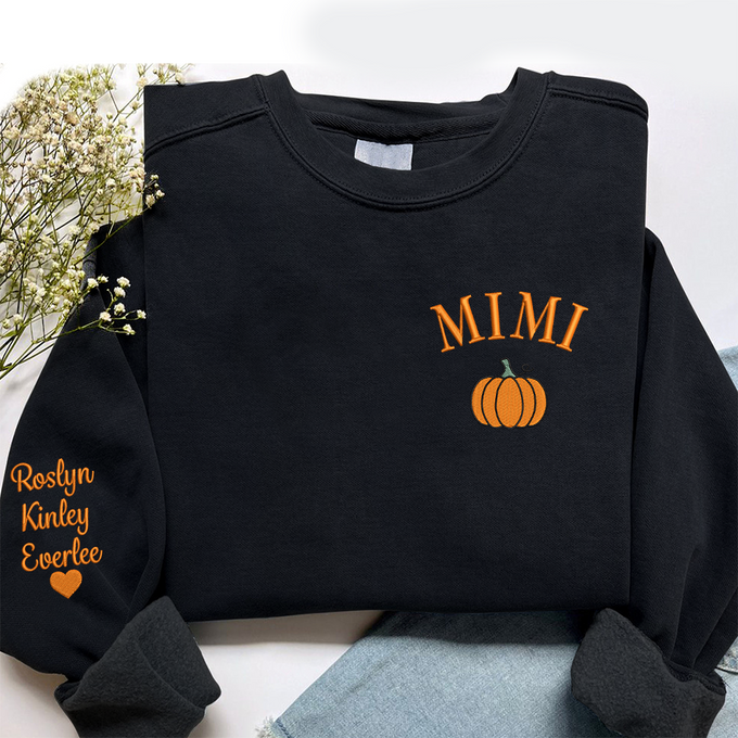 Custom Text Mimi Pumpkin With Grandkids - Embroidered Hoodie, Sweatshirt, Tshirt - Gift for Grandma