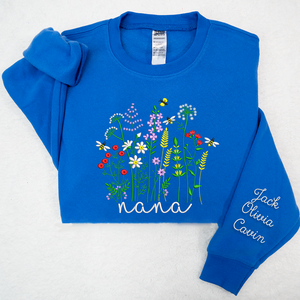 Custom Text Wildflower Nana With Grandkids - Embroidered Hoodie, Sweatshirt, Tshirt - Gift for Grandma