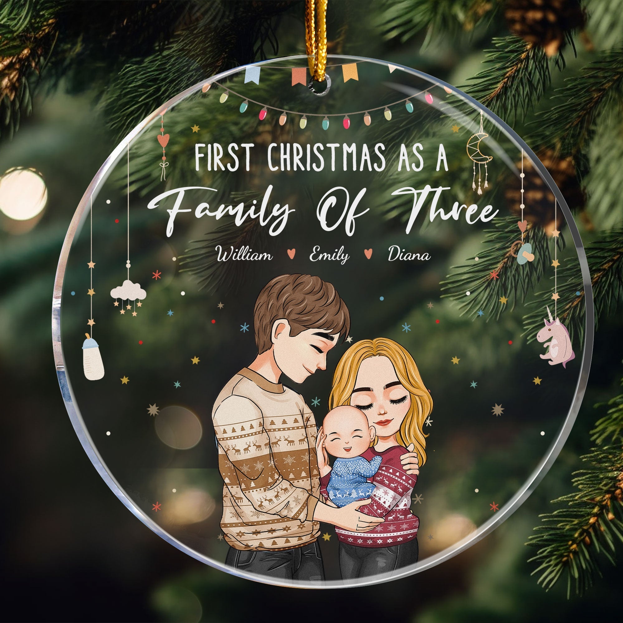 Baby First Christmas As A Family Of Three Personalized Circle Acrylic Ornament_1_1c8075e6 7489 4fc7 92a9 c2f5ae016fee