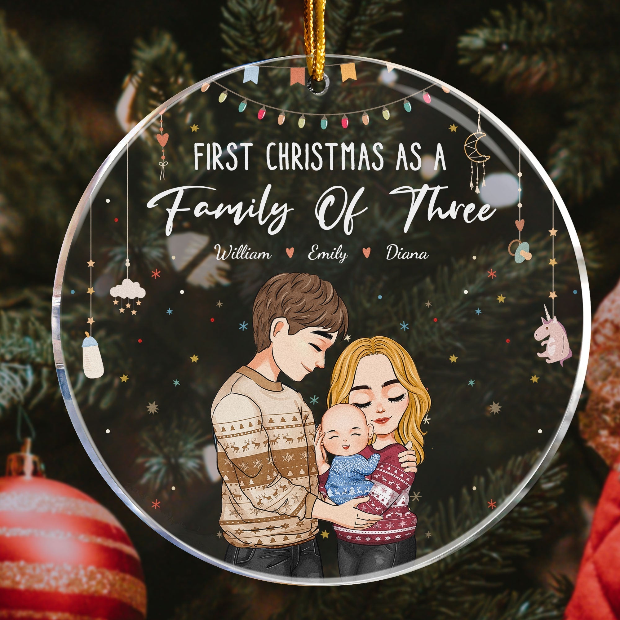 Baby First Christmas As A Family Of Three Personalized Circle Acrylic Ornament_3_78021b64 cc02 4195 810d a88c3c79631f