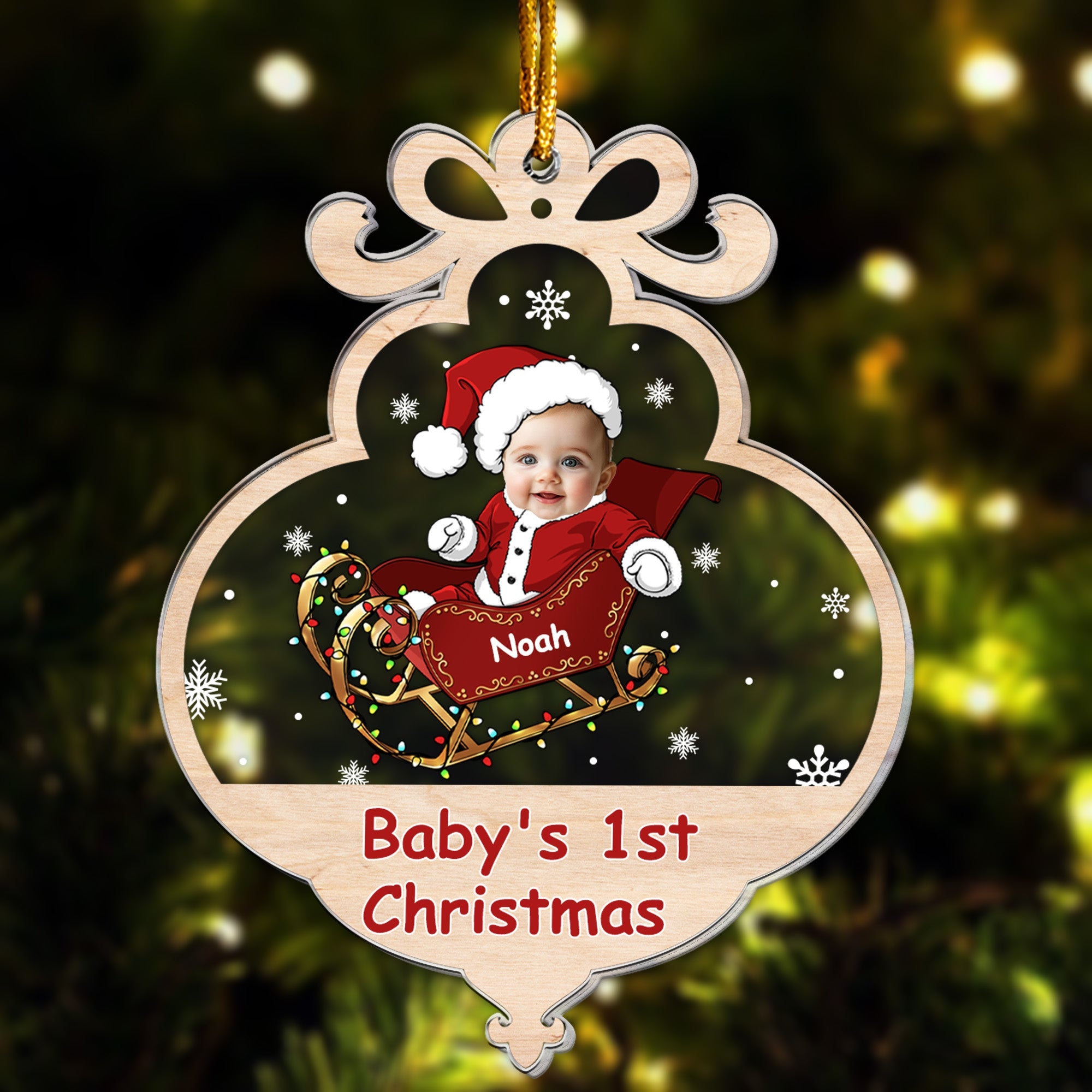 Baby First Christmas With Adorable Santa Sleigh Personalized Acrylic Photo Ornament_1
