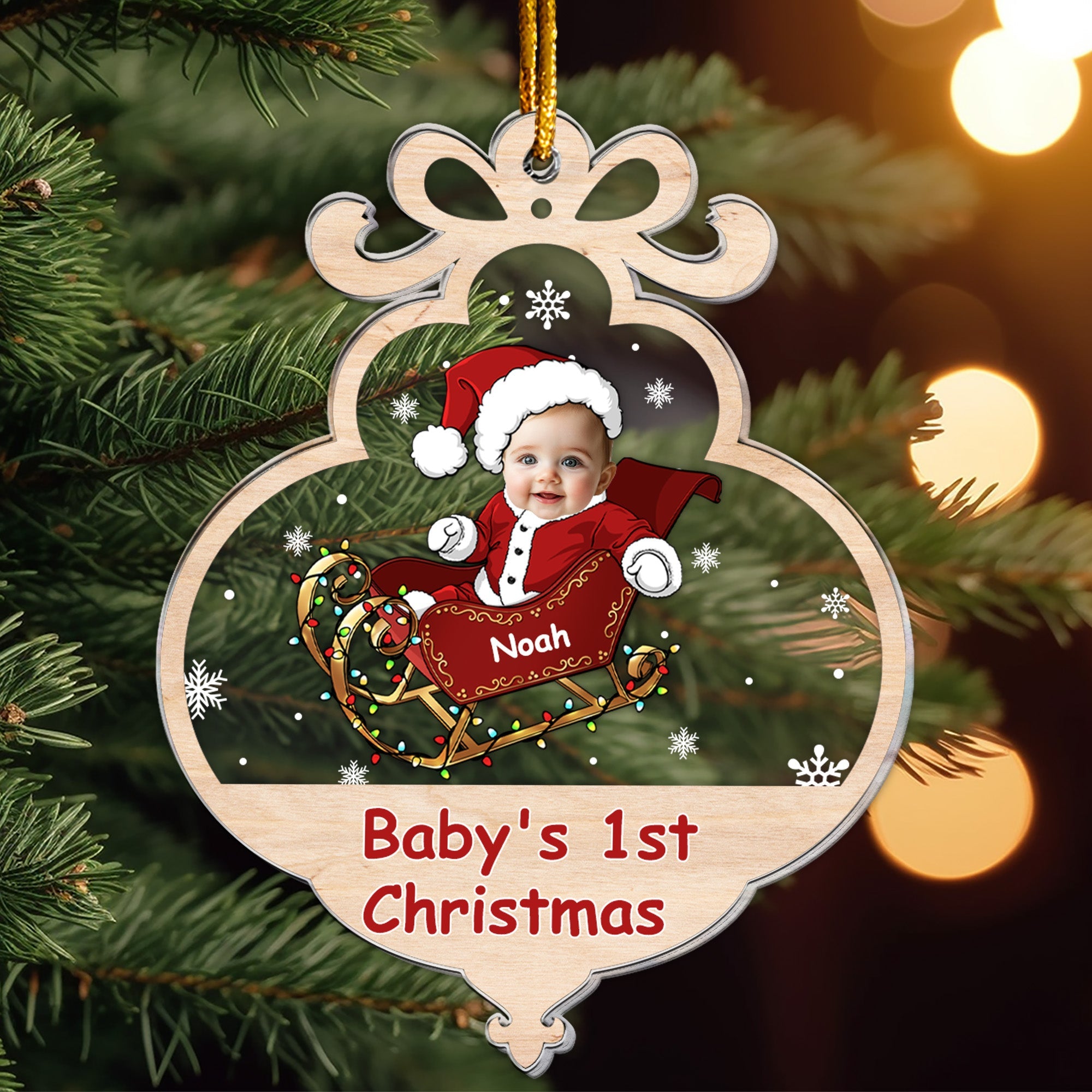 Baby First Christmas With Adorable Santa Sleigh Personalized Acrylic Photo Ornament_2