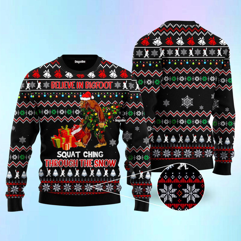 Believe In Bigfoot Squat Ugly Christmas Sweater For Men & Women