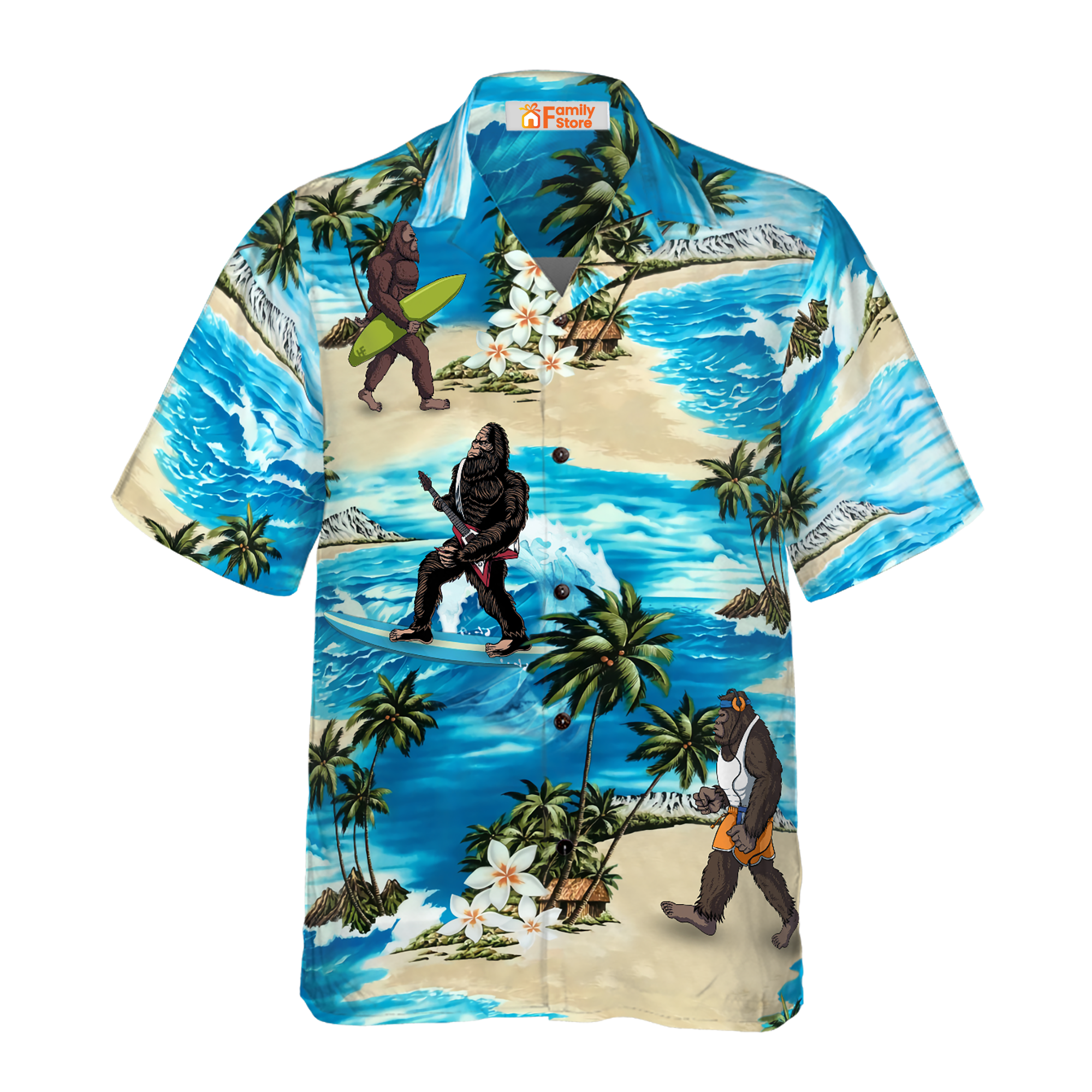 Palm Tree And Flower Blue Ocean Bigfoot Surfing Hawaiian Shirt