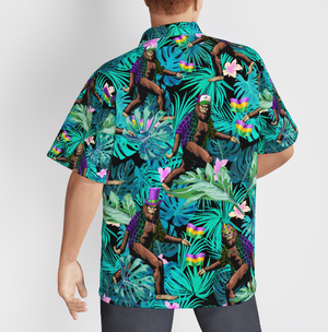Bigfoot Happy Mardi Gras Tropical BLue Hawaiian Shirt For Men And For Women