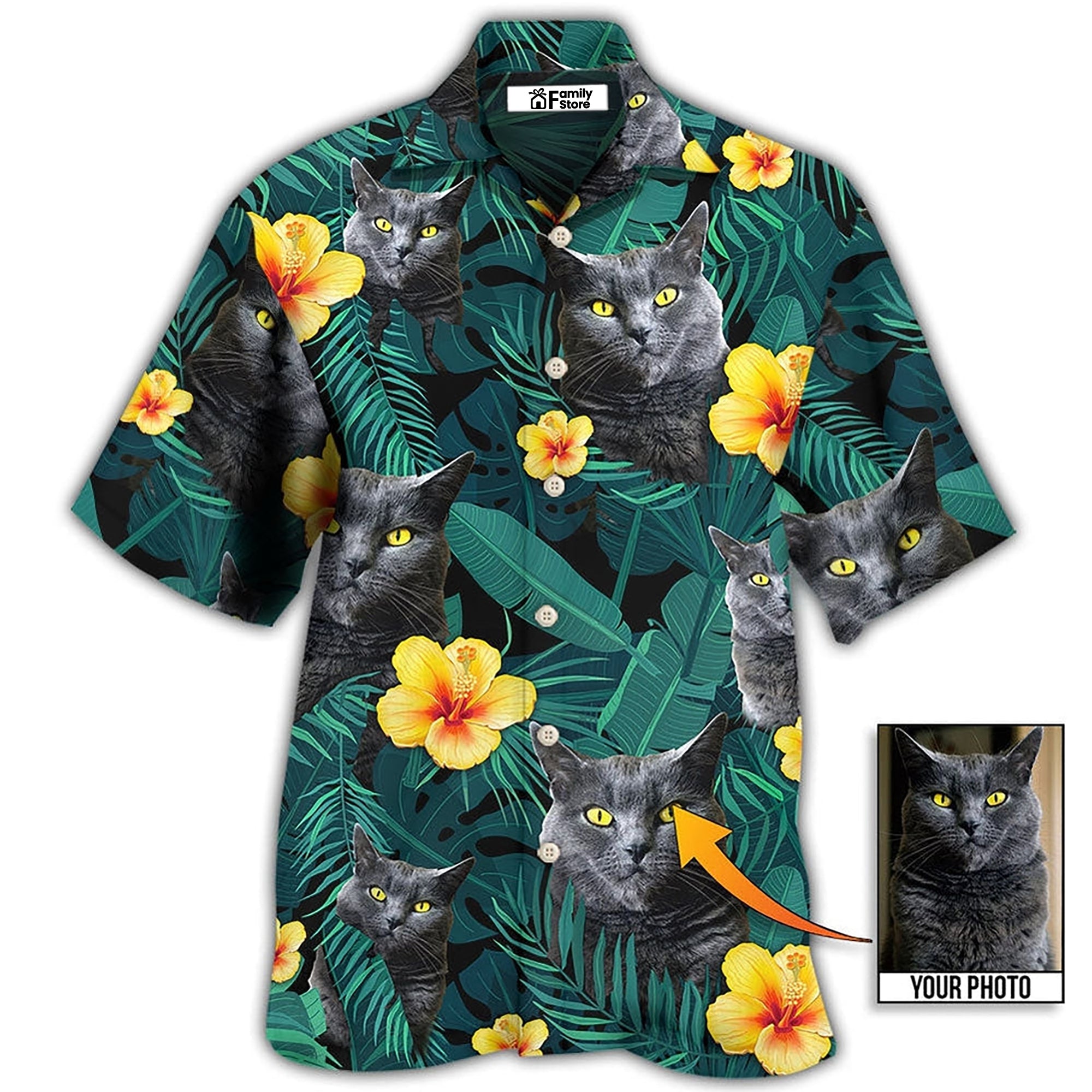 Custom Photo Black Cat Green Tropical - Personalized Hawaiian Shirt